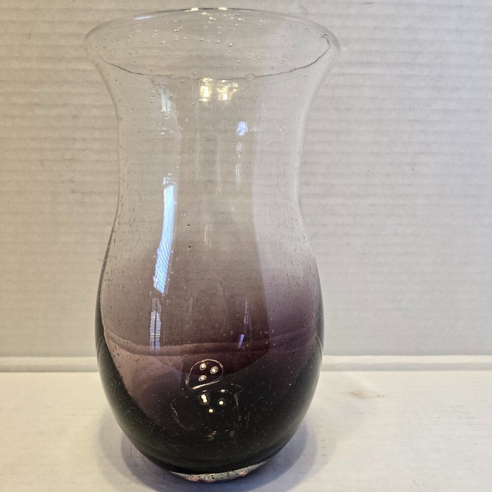 VINTAGE EGGPLANT PURPLE AND CLEAR, CONTROLED BUBBLE, HAND BLOWN VASE.